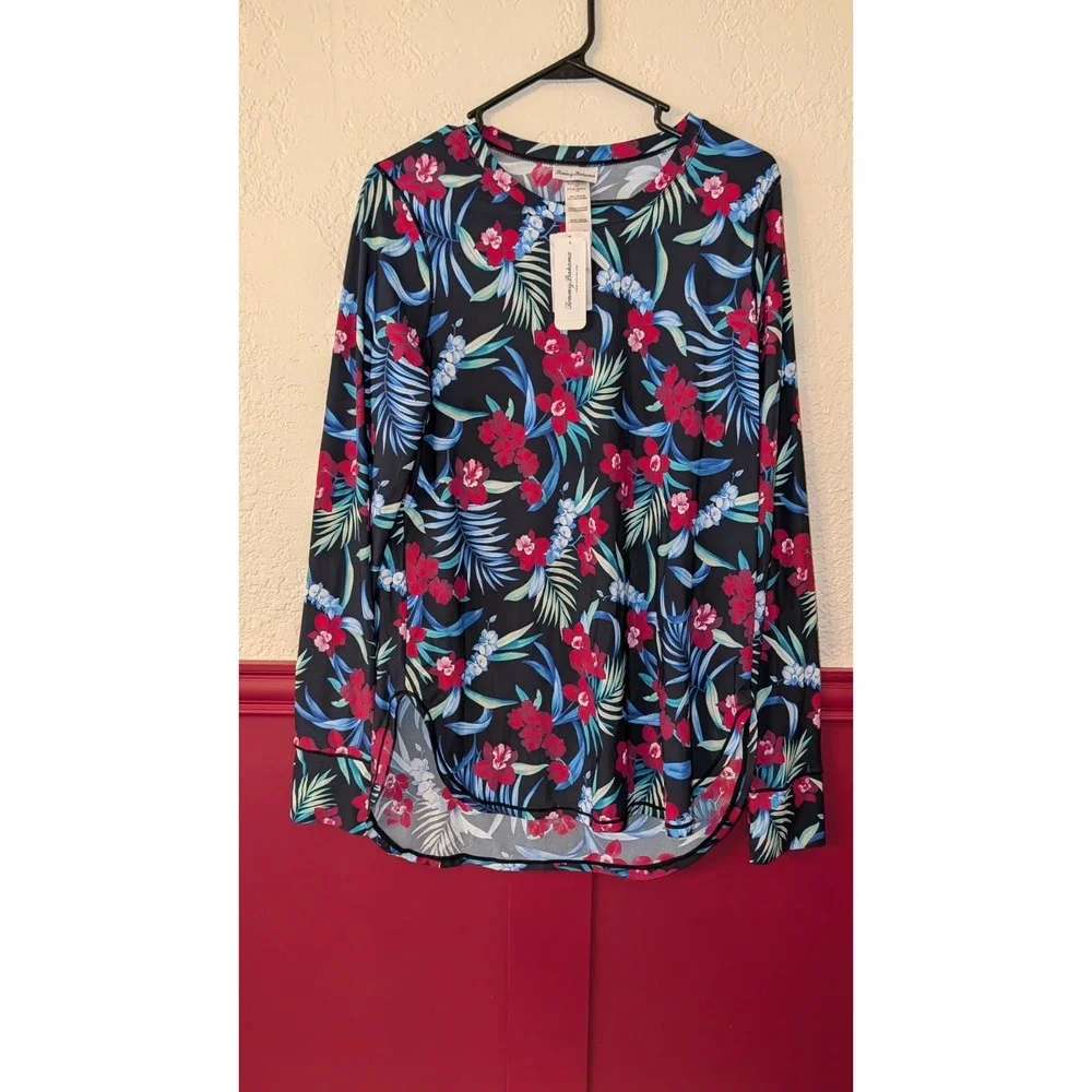 TOMMY BAHAMA Midnight Orchid‎ rash guard Swim cover-up sun top women L Large NWT
